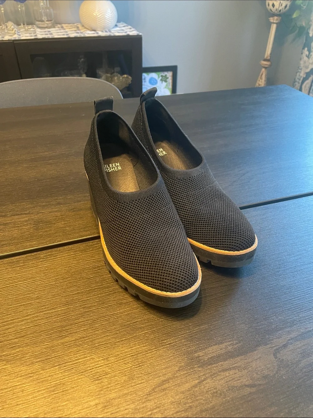 Eileen Fisher Black Knit Slip-On Wedge Sneakers with Tan Trim